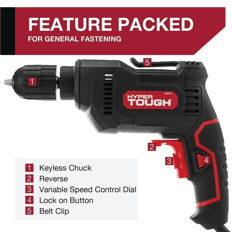 Hyper Tough 5 AMP Corded Drill, 3/8 inch Keyless Chuck, Variable Speed, Lock-on Feature & Belt Clip Hyper Tough 5 AMP Corded Drill, 3/8 inch Keyless Chuck, Variable Speed, Lock-on Feature & Belt Clip