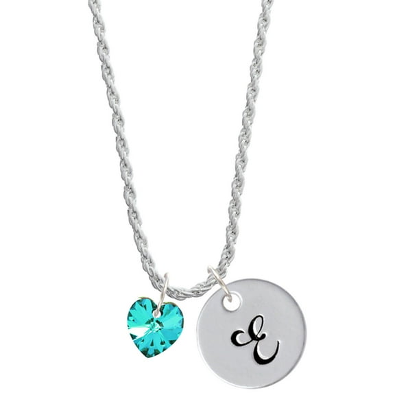 Delight Jewelry Teal Crystal Heart Silvertone Script Initial Disc - E - Charm Necklace, 20" 3"