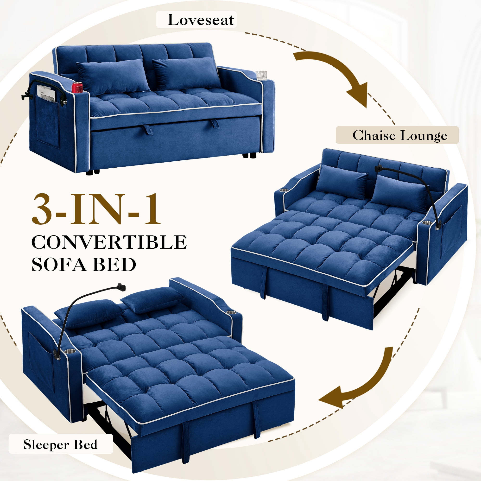 Dinosisco 4-in-1 Convertible Pull Out Sofa Bed, Loveseat Sleeper with Phone Stand, USB, Blue Velvet