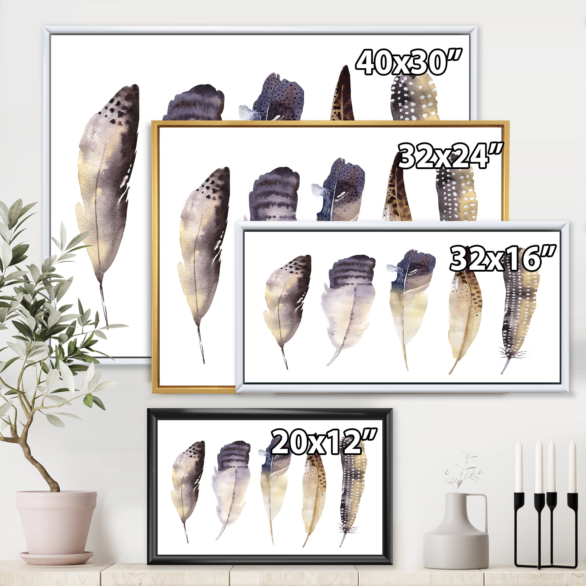 Designart 'Dark Gray Feathers Boho Ethnic II' Bohemian & Eclectic Framed Canvas Wall Art Print