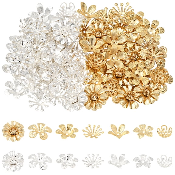 84Pcs 14 Styles Spacer Beads Caps 24K Gold Sterling Silver Plated Brass Flower Bead Caps Bails End Charm