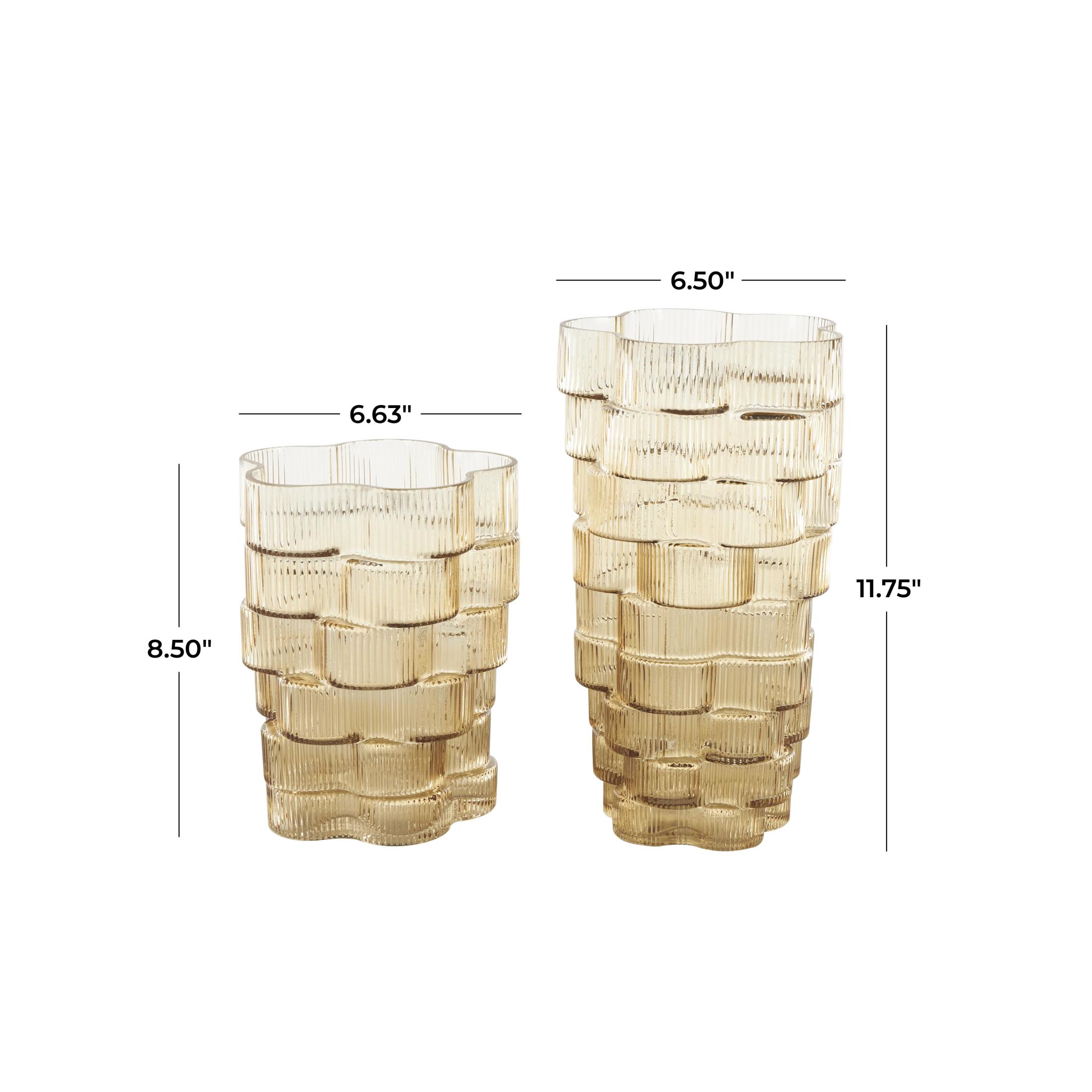 DecMode 12", 9"H Floral Ribbed Stacked Brown Glass Vase, Set of 2