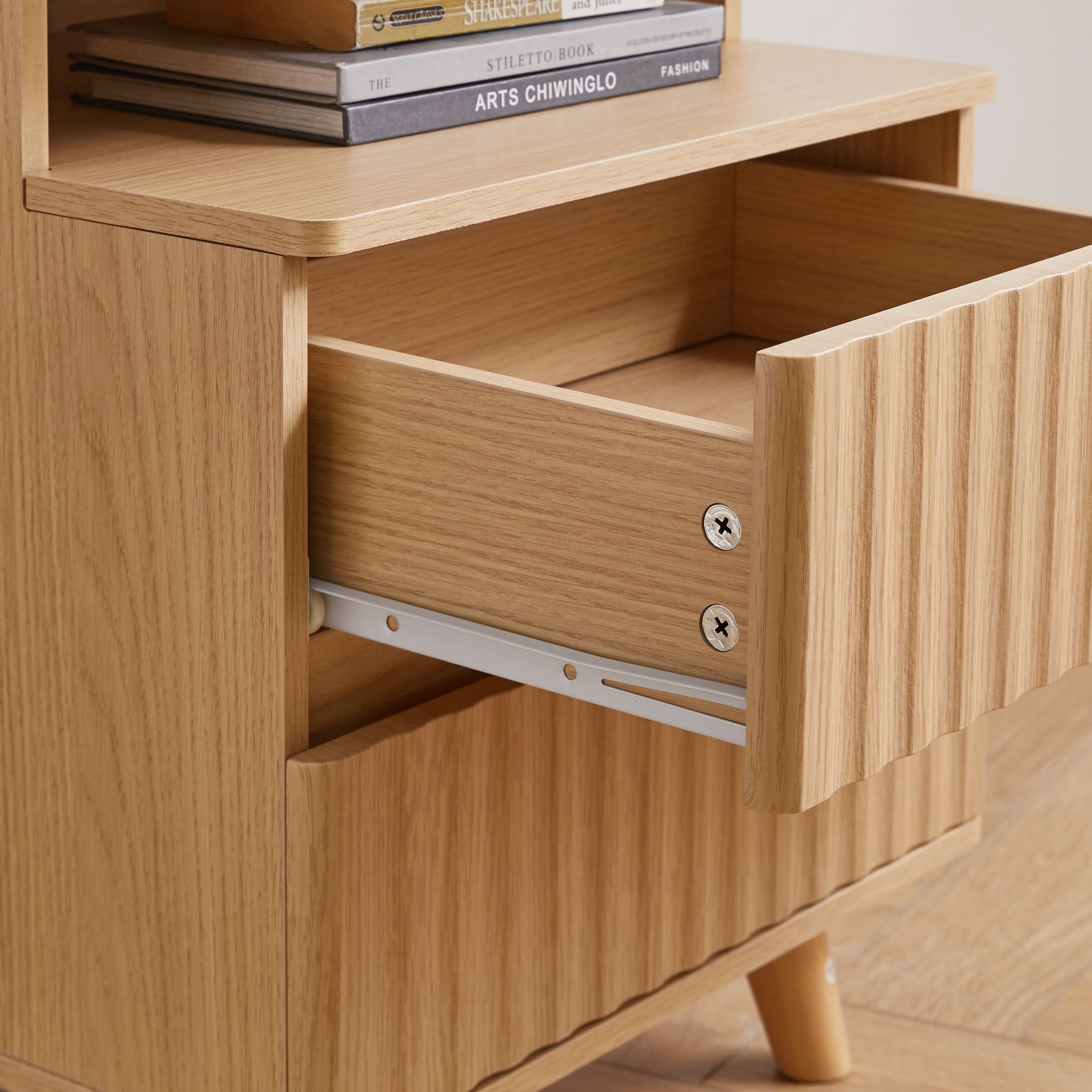 MAYEERTY Modern End Table with Hidden Storage Drawer & Charging Station, Wood Side Table with 2 Drawers and Open Shelf, for Bedroom Living Room