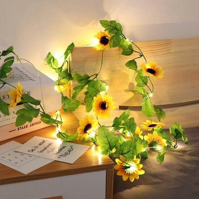 Guirnalda solar de girasoles artificiales, lámpara colgante de 2 m con 20 luces LED, ideal para el hogar y el jardín.