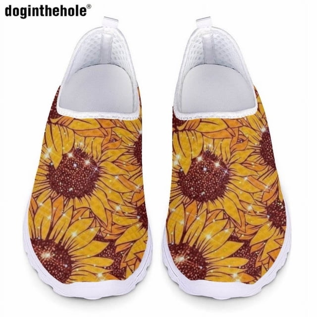 Zapatos casuales clásicos para mujer Doginthehole, zapatos planos con diseño de estampado artístico de girasoles a la moda, zapatos de malla cómodos y livianos sin cordones