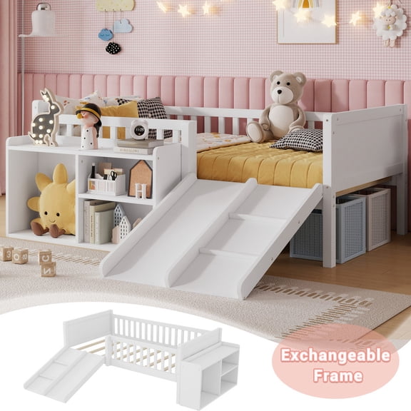 Mirightone Twin Size Low Loft Bed with Climbing, Slide and Movable Bookshelf, Wood Loft Bed Frame (White)