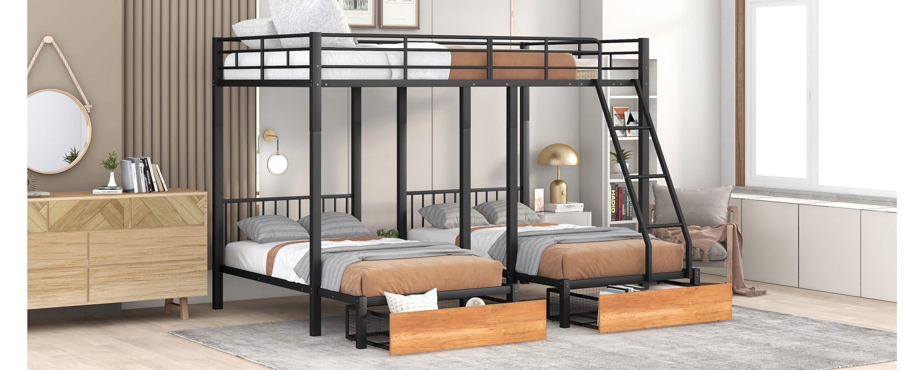 Mintazer Full Over Twin Over Twin Size Bunk Bed Frame with 2 Storage Drawers & Side Ladder, Triple Metal Bunk Bed with Guardrail, Can Be Split Into 3 Separate Beds, No Box Spring Needed, Black