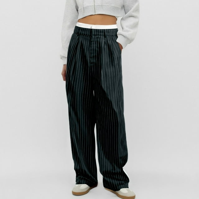 WILLBEST Pantalones Casuales de Verano para Mujer, con Rayas, Cintura Alta, Patchwork, Bolsillos Colgantes, Pierna Recta, Pantalones de Traje Casuales para Mujer Moderna Chica