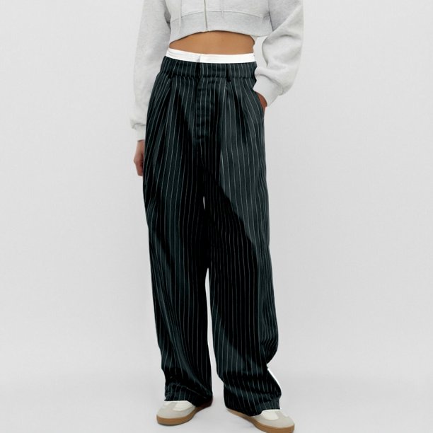 WILLBEST Pantalones Casuales de Verano para Mujer, con Rayas, Cintura Alta, Patchwork, Bolsillos Colgantes, Pierna Recta, Pantalones de Traje Casuales para Mujer Moderna Mediana