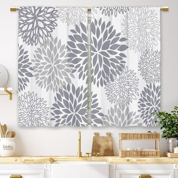 Farmhouse Grey Flower Kitchen Curtains Mandala Boho Floral Small Short Cafe Window Curtains Dahlia Country Rod Pocket Bathroom Window Drapes Treatment Tier Curtains 2 Panels (27.5x39 Inch)