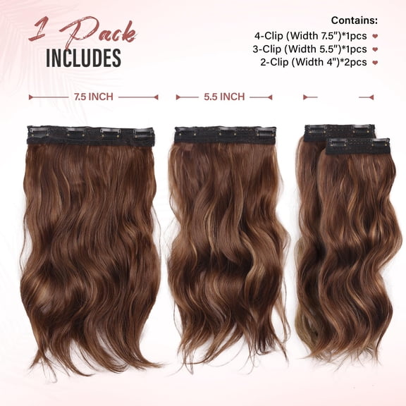WEIF-Clip in Hair Extensions - 14 Inch Wavy Synthetic Hair Extensions Clip ins (Color: Chestnut Brown with Light Brown Highlights)