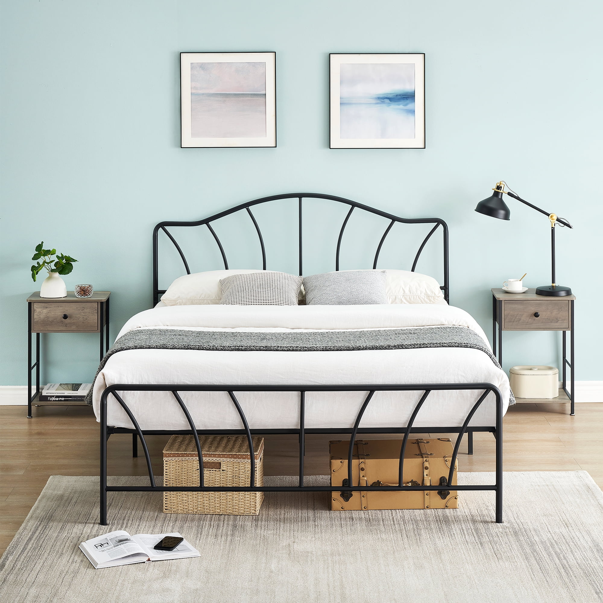 14 Inch Metal Bed Frame Queen Size Mattress Foundation with Headboard