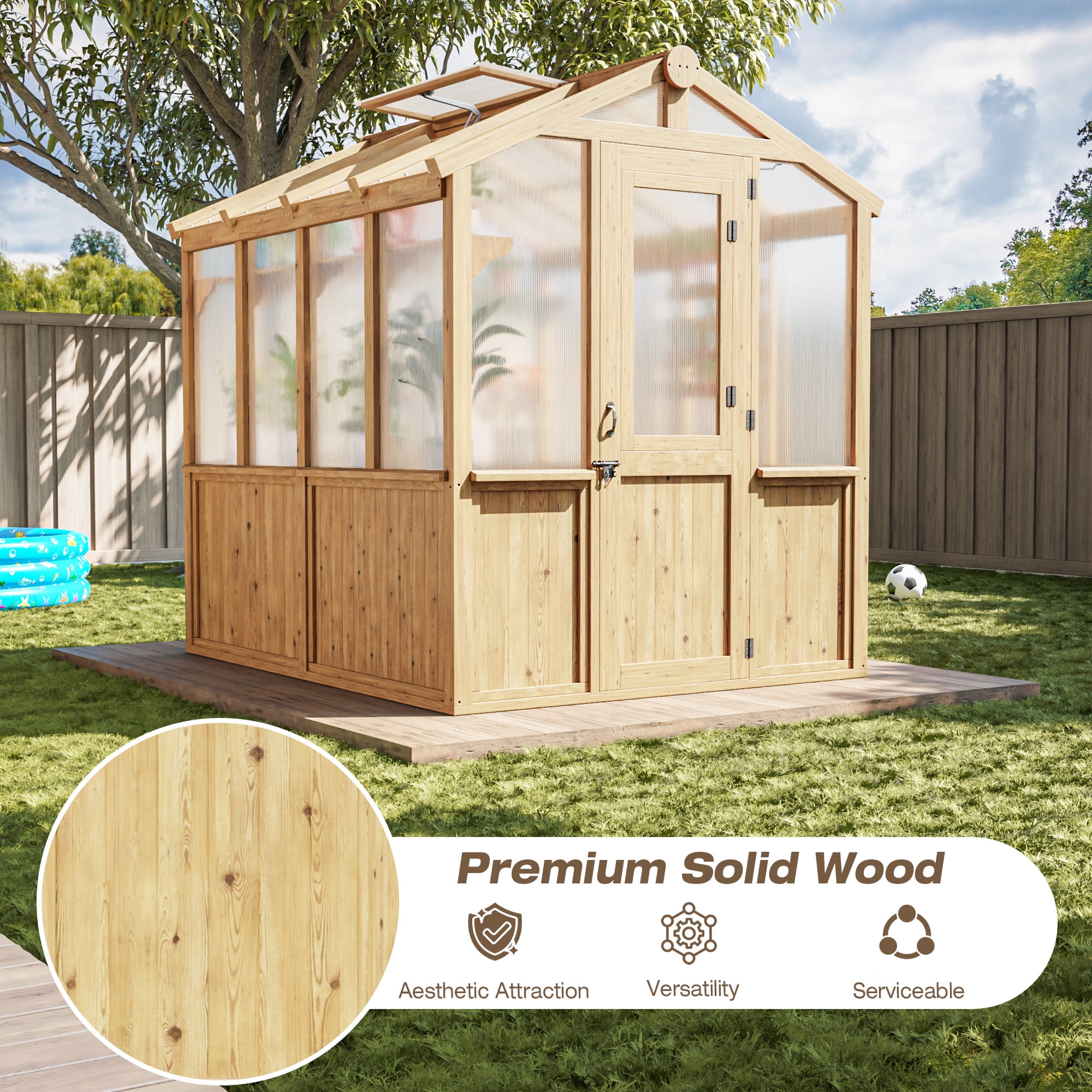 MeetLeisure 6.8 x 7.8 ft Solid Wood and Polycarbonate Walk-In Greenhouse, Spruce Wood Framed Hobby Greenhouse with Roof Vent, Horticultural Greenhouse with Automatic Vent Window, Natural