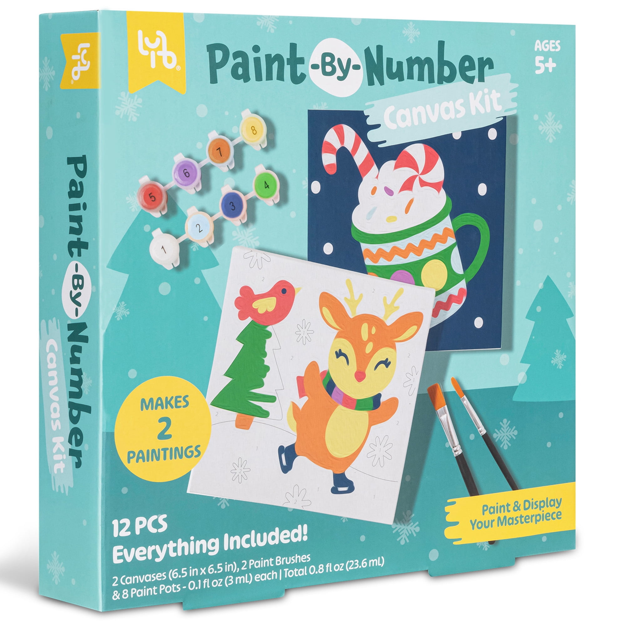 Little Yellow Bicycle: Reindeer Paint-By-Number Kit - Complete Art Set W/ 2 Canvases, 2 Brushes & 8 Paint Pots, Holiday-Themed, Kid & Adult Craft Kit