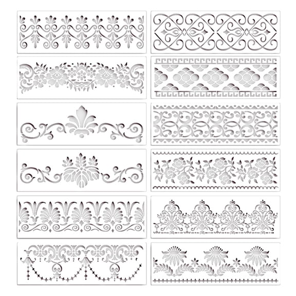 12Pcs Flower Border Stencils Mandala Reusable Cut Painting Templates for DIY Craft Stencils, 12 x 3.9 Inch