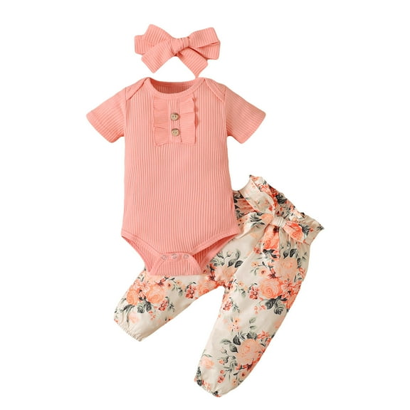 Odeerbi 2025 Summer Girls' Children's Clothing Short Sleeve Top Printed Pants Bow Headband Three-piece Set
