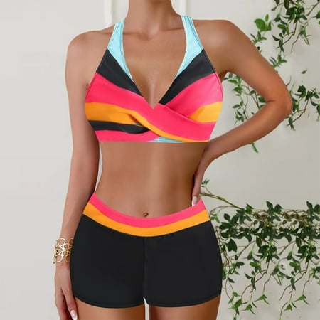 Ayolanni V-Neck Womens Cotton Underwear Bikini Pink Modest Striped Cross-Back Two-Piece Sets Bikinis for Teens 4x