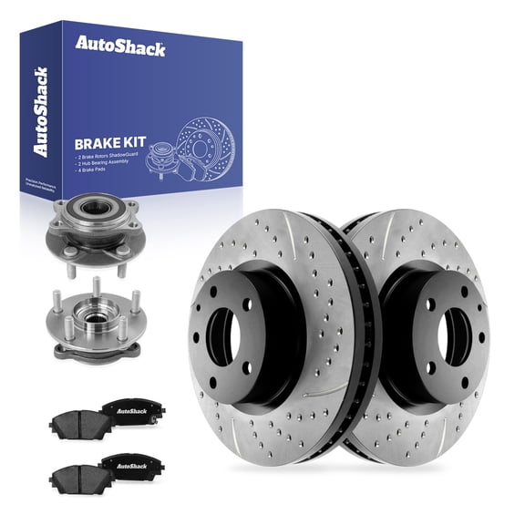 AutoShack Front Brake Rotors, Premium Pads & Hub Bearing Assemblies for Mazda, 3 2014-2018 CX-3 2016-2021, FWD AWD L4 2.0L 2.5L - E-Coated Drilled & Slotted - ShadowGuard - 11.61" (295 mm), 5-Lug