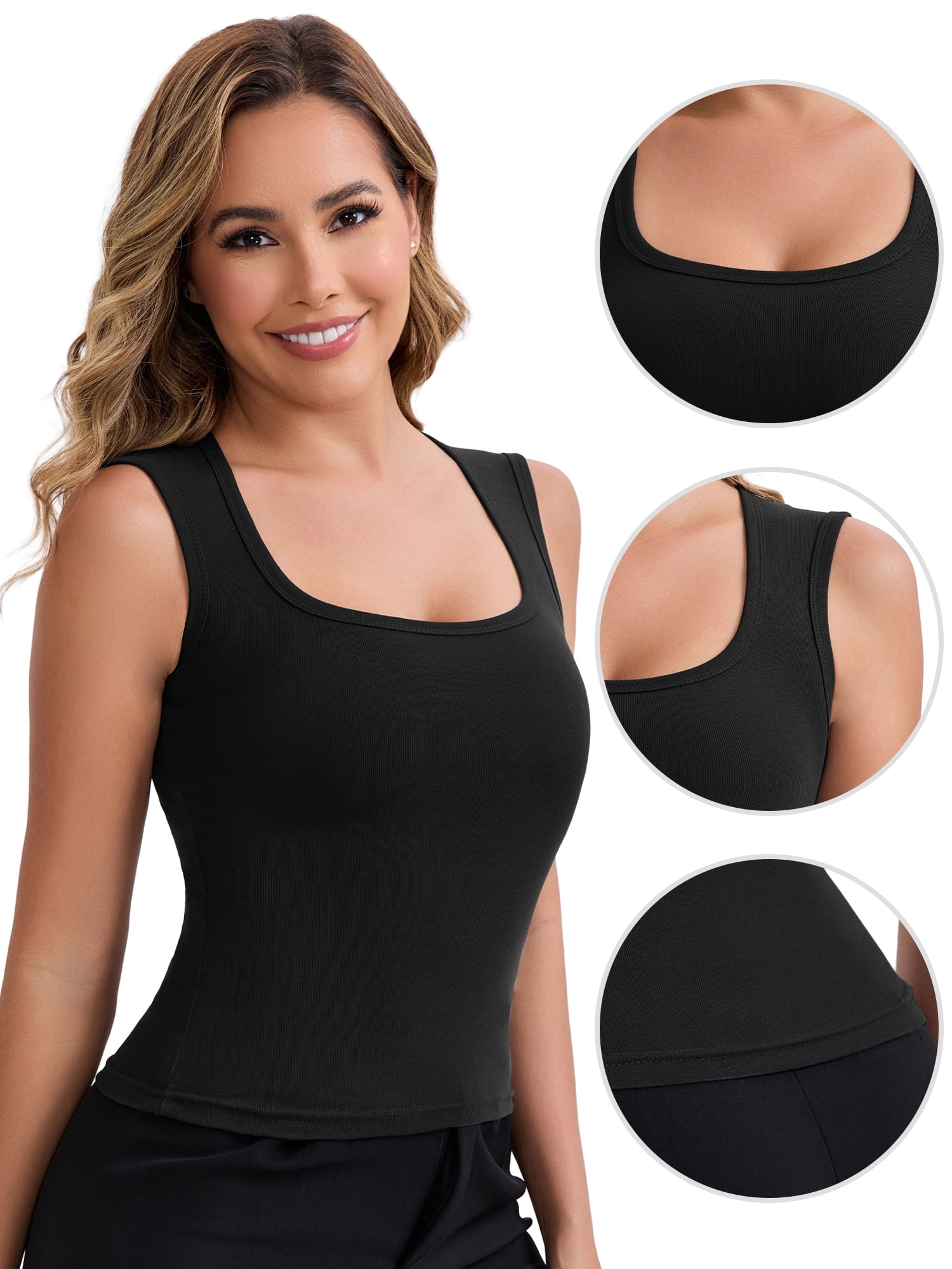 DARING DIVA Women's Wide Straps Square Neck Camisole Slimming Undershirt M Black