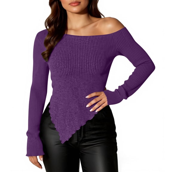 HongQid Women's Spring Long Sleeve Y2K Crop Top Trendy Off Shoulder Asymmetrical Fitted Knit Tee Shirts Going Out Tops