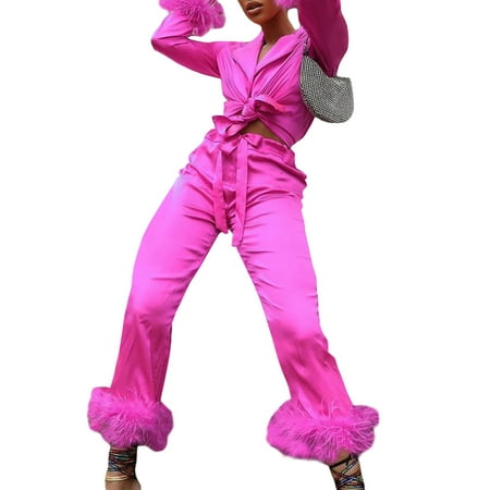 

Stain Long Sleeve Button Down Pajamas Suit with Feather Trim Solid Color Sleepwear Set Summer Nightwear