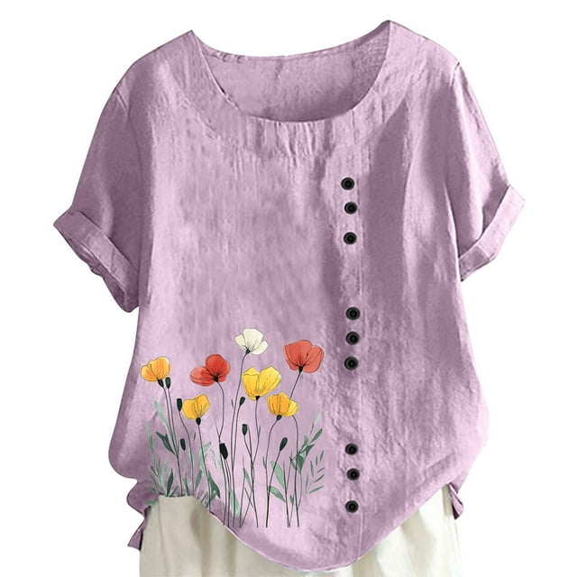LMKIHUSA Hauts en Lin et Coton pour Femmes, Col Rond, Boutons, Tunique à Imprimé Floral Boho, Manches Courtes Retroussables, Blouses Violettes, m