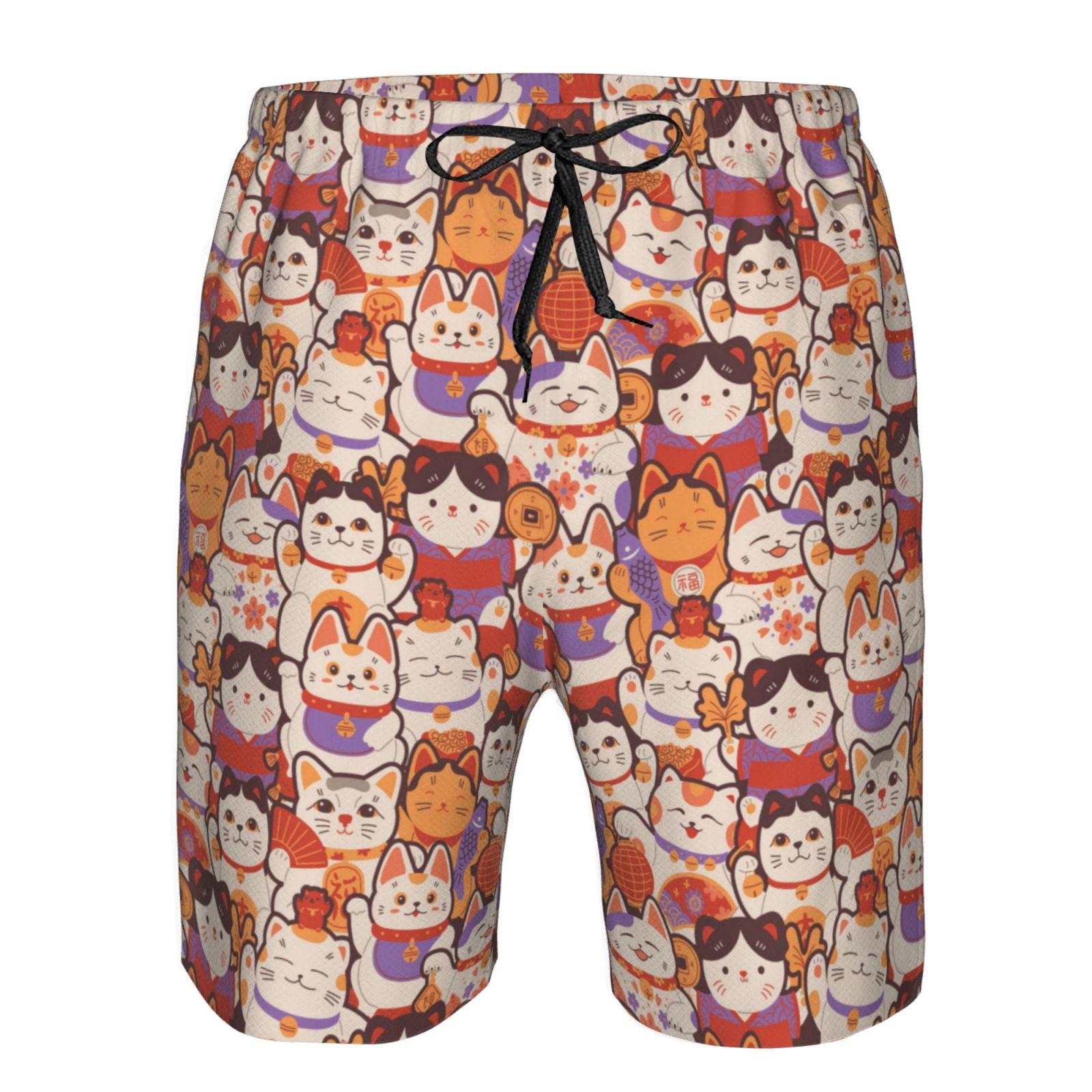 Naloa Maneki-Neko Cats Men's Beach Shorts, Surfing shorts, Swim trunks, Quick Dry Swim Trunks for Surfing Beach Fun - Large