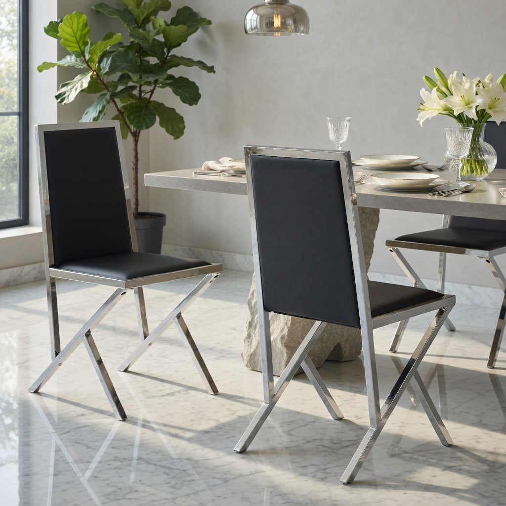 Hommoo 2-Pack Modern PU Leather Dining Chairs with Metal Frame, Ergonomic, Easy-Assembly, Adjustable Non-Slip Feet, Black & Sliver