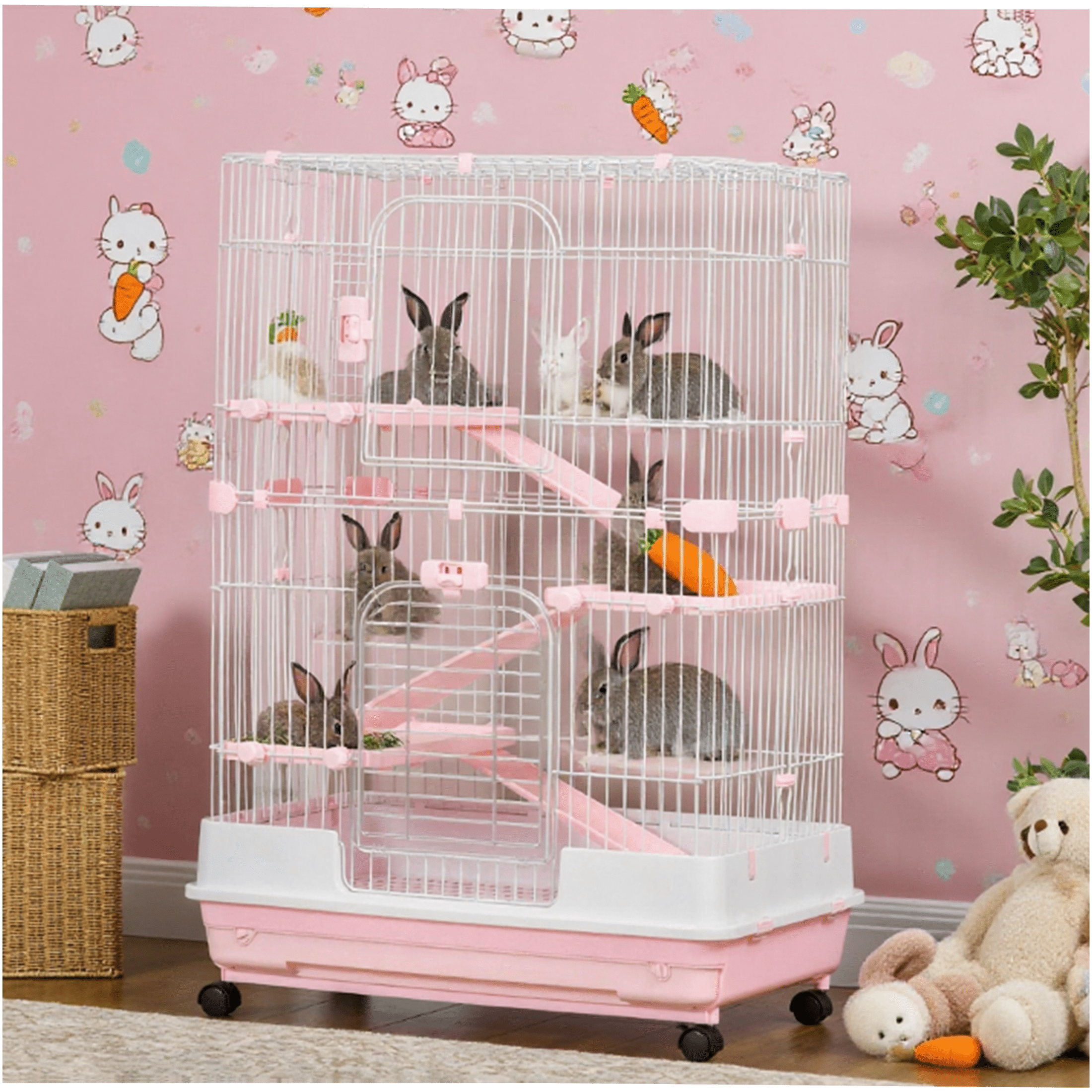 JERFIT Pink Metal Rabbit Hutch on Wheels, 32" Indoor Small Animal Cage for Rabbits, Chinchillas, Guinea Pigs with Ramp, Platform & Removable Tray