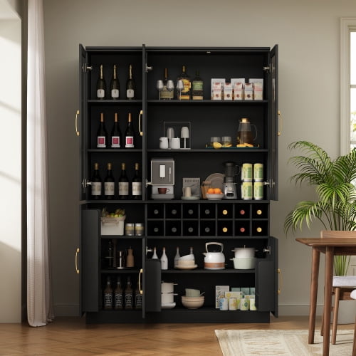 70.87" Tall Wine Bar Cabinet with Glass Doors, Modern Liquor Cabinet with Removable 14-Bottle Wine Rack & Built-in Door Shelves, High-Capacity Home Bar Storage Cabinet, Black