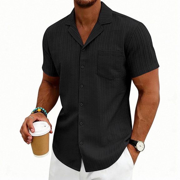 Domzest Men's Button Down Shirts Short Sleeve Casual Textured Cuban Collar Shirt with Chest Pocket Black L