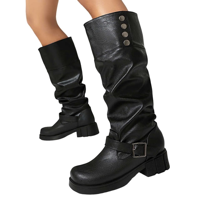 Slouchy Motorcycle Riding Combat Boots for Women Studded Leather Buckle Square Toe Knee High Cowboy Tall Boots
