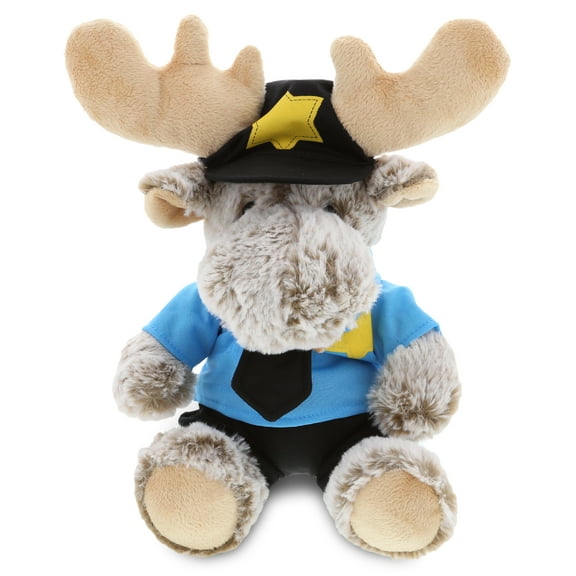 DolliBu Sitting Moose Police Officer Plush Toy - Super Soft Grey Moose Cop Stuffed Animal Dress Up with Cute Cop Uniform & Cap Outfit - 11" Inch