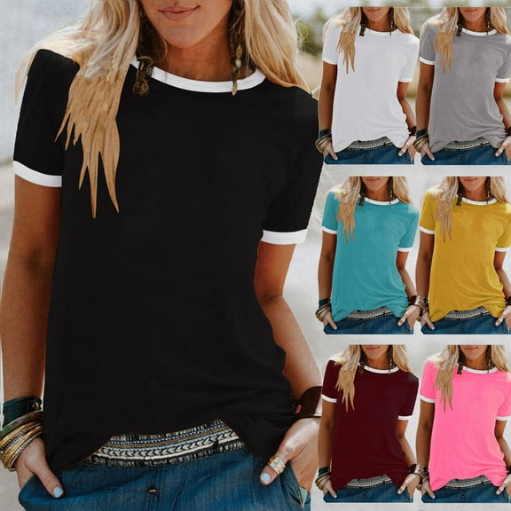 HAPIMO Women's Trendy Loose Tops Raglan Tunic Crew Neck Pullover for Teen Girls Summer Solid Color Patchwork Elegant Casual Plus Size Blouses Short Sleeve Black L