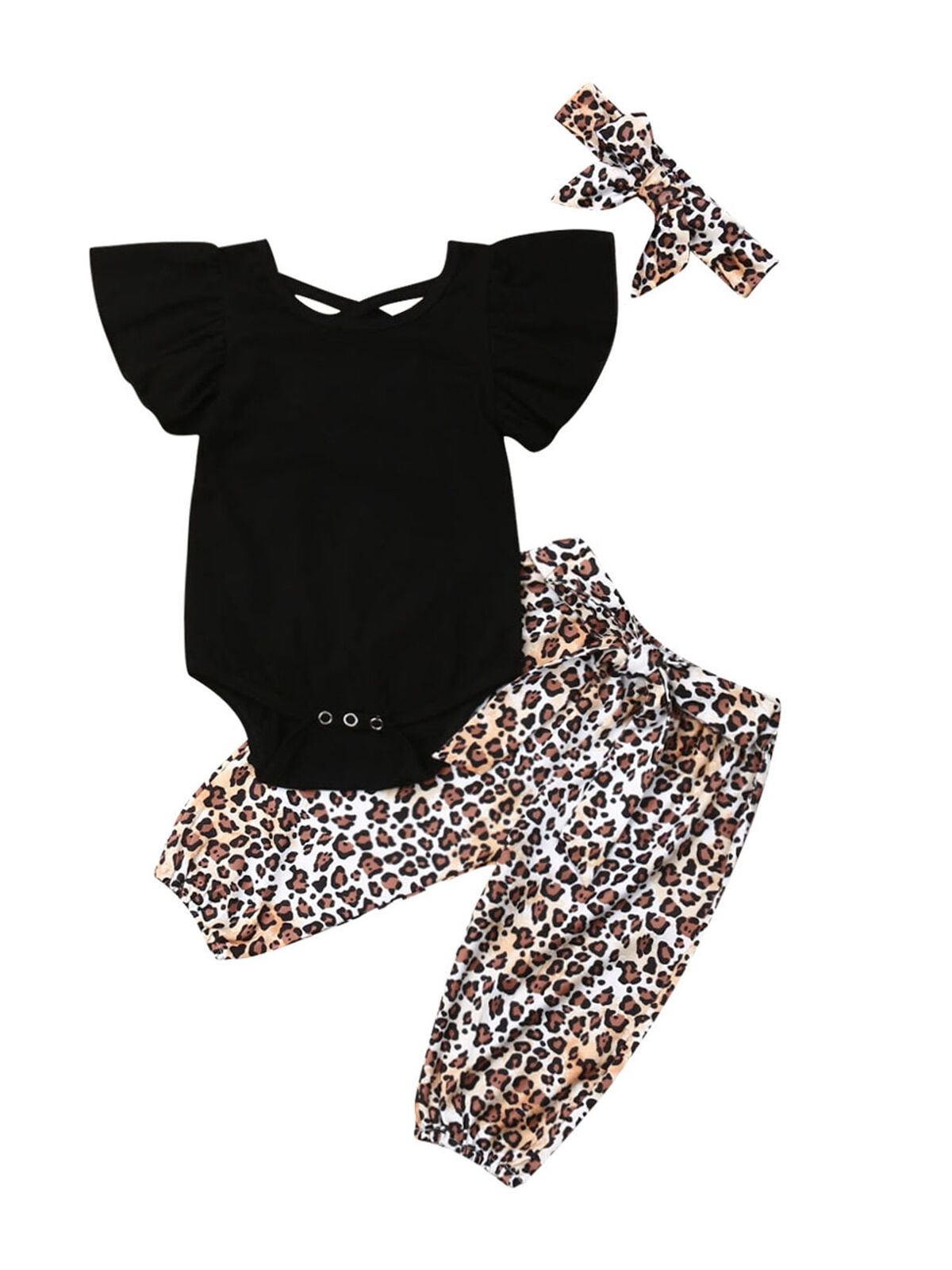 Newborn Baby Girl Leopard Print Tops Romper Pants Hat Outfit Clothes 3Pcs Set