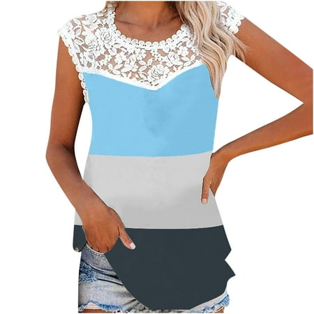 

SIMQOing Women s Casual Blouses Lace V Neck Sleeveless Vest Tops Summer Loose Print Tunic