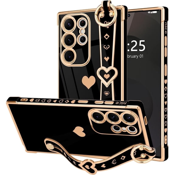 Samsung Galaxy S25 Ultra 5G Case with Cute Love-Heart Plating Strap, Bling Silicone Camera Protection, Shockproof Bumper Case