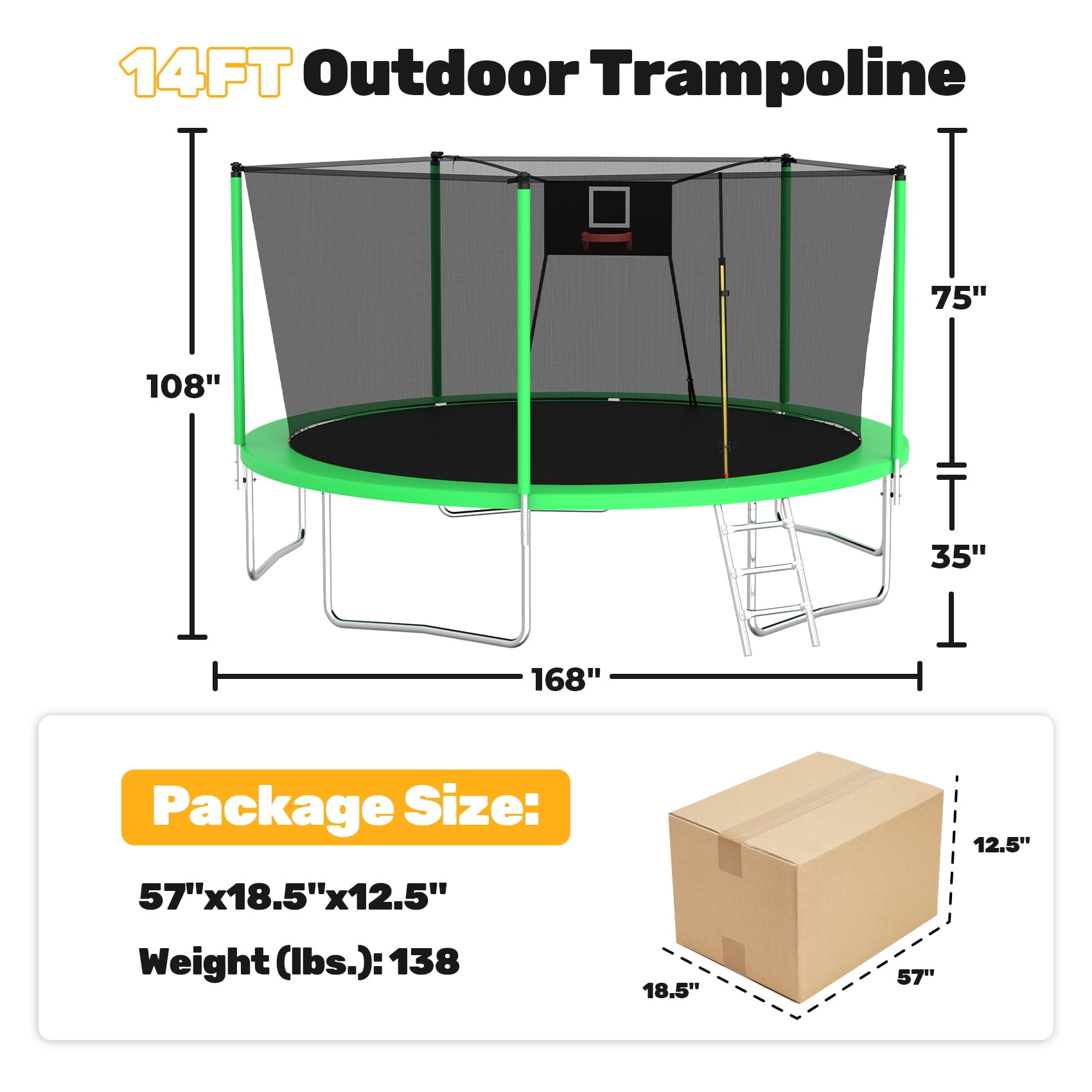 Alvantor Trampoline 14Ft for Kids Age 3-10, Round Trampolines with Basketball Hoop & Enclosure Net for Backyard Yard,Green