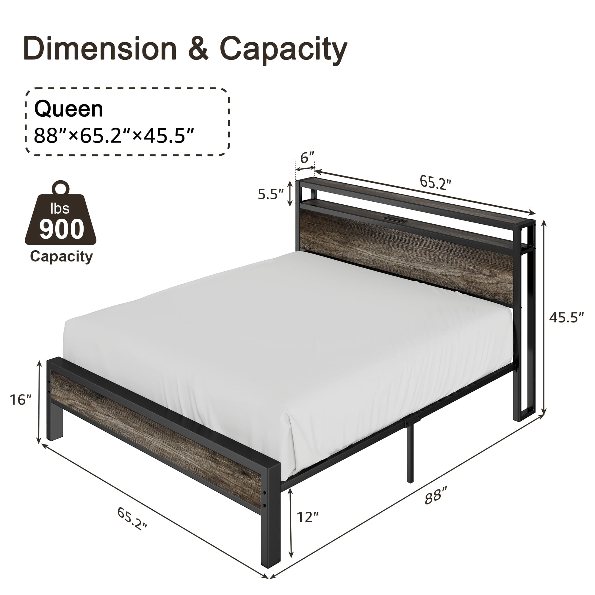 VanAcc Queen Size Bed Frame with 2-Tier Metal Storage Headboard and Charging Station, Rustic Grey