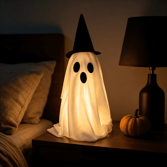 Lighted Witch Hat Standing Ghost Halloween Decor – Cute Fabric Ghost Ornament – Vintage Halloween Decor for Tabletop Indoor Halloween Decor