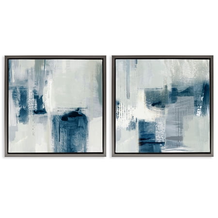 Stupell Industries Blue & Grey Tone Brush Strokes Abstract Painting Gray Floater Framed Canvas Art Print Wall Art 25 x 25 Set of 2