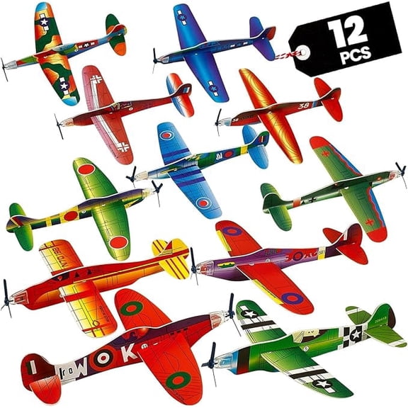 Bedwina Foam Glider Planes for Kids, 12-Pack, 8-Inch Bomber Airplane Gliders, Outdoor Flying Toys, Party Favors & Goodie Bag Stuffers