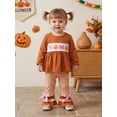 thumbnail image 6 of Loicainy Baby Toddler Girl Halloween Outfits 6 12 18 24 Months 2T 3T 4T Pumpkin Bow Embroidery Long Sleeve Round Neck Tops + Elastic Waist Plaid Flare Pants 2 Pcs Clothes Set, 6 of 9