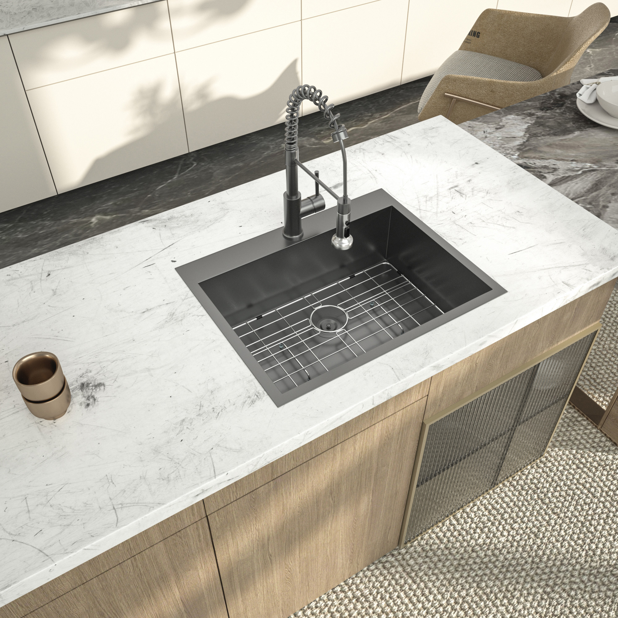 Logmey 28"x22 Drop in Stainless Steel Kitchen Sink Single Bowl Gunmetal Black with Drainer Top-mount  Sinks