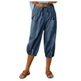 thumbnail image 3 of Capri Pants for Women Summer Casual Cotton Elastic High Waisted Wide Leg Relaxed Fit Cropped Pants with Deep Pockets, 3 of 9