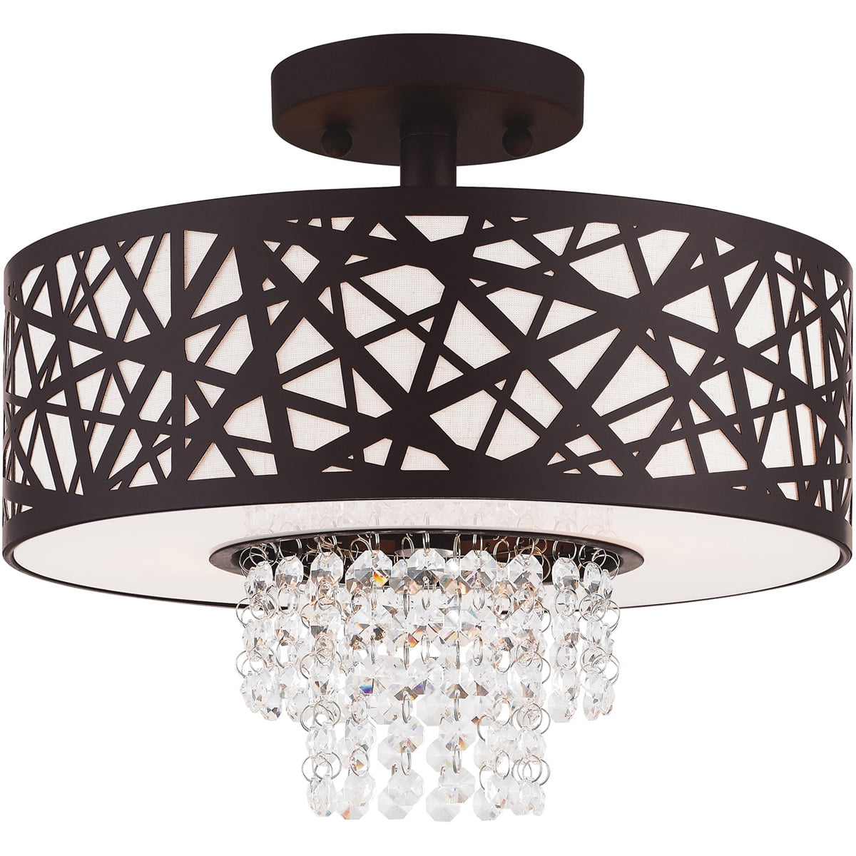 2 Light Bronze Ceiling Light fixture with Oatmeal Color Fabric Hardback Inside & Clear Crystals Shade