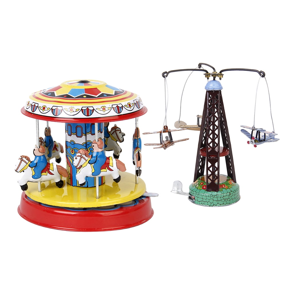 2X Vintage Fairground Carousel Model Merry Go Round Tin Toy Collectible Gifts 