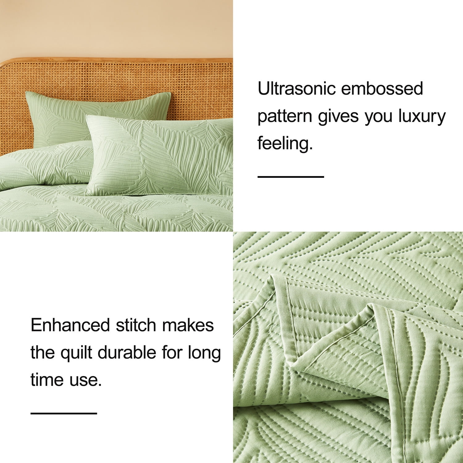 Davulos 3 Pieces Queen Quilt Bedding Set Soft Lightweight Sage Green Bedspread with Leaf Pattern,Microfiber Bed Coverlet Full Size for All Season(1 Quilt, 2 Shams)