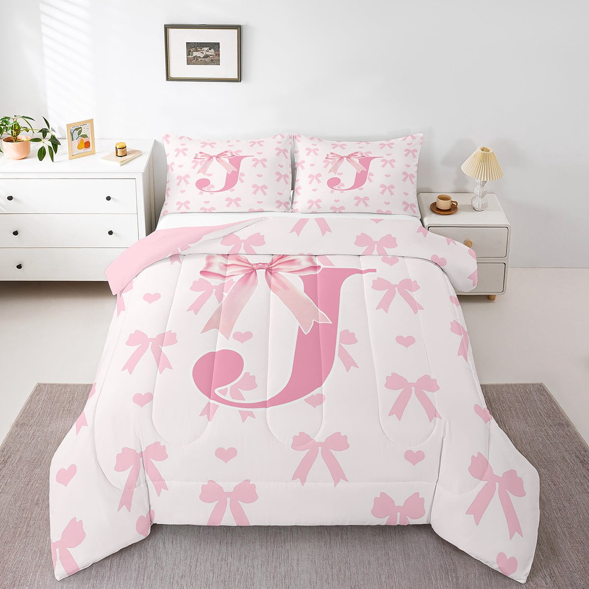 Initial Letter S Comforter Set,Dreamy Bow Love Hearts Kawaii Pink