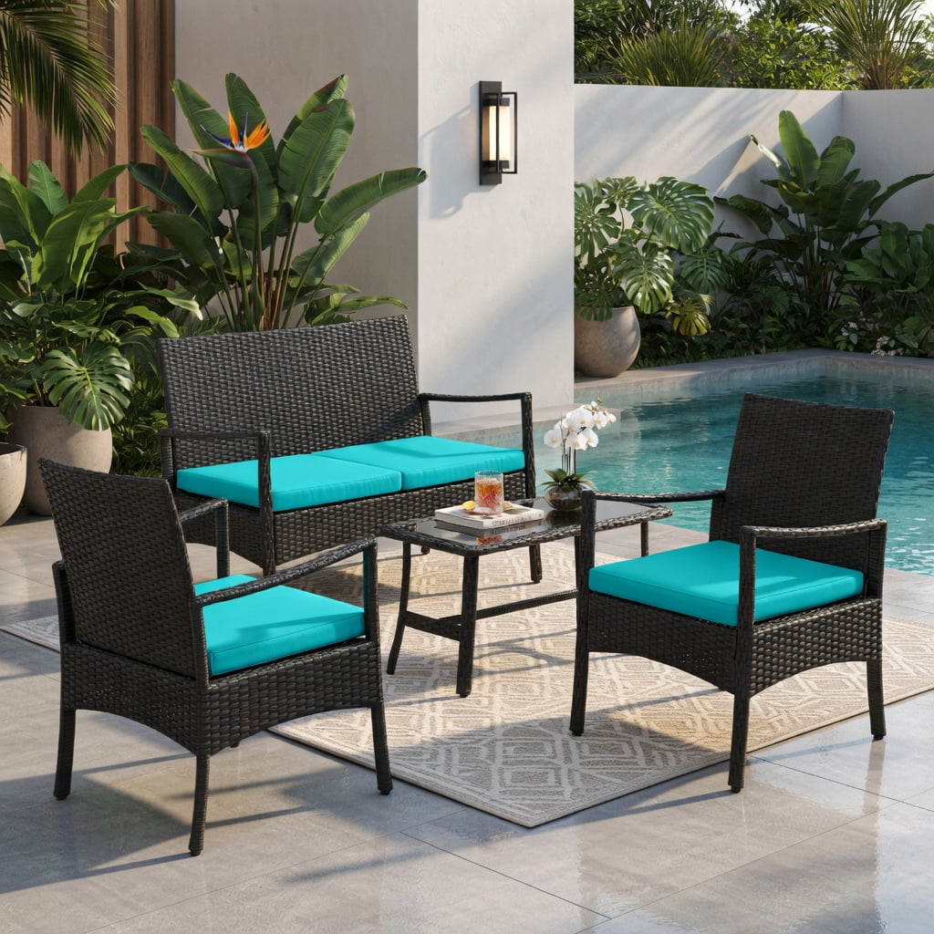 Hommoo 4-Piece PE Rattan Outdoor Conversation Set with Tempered Glass Coffee Table, Metal Frame, Backyard Patio Furniture, Turquoise